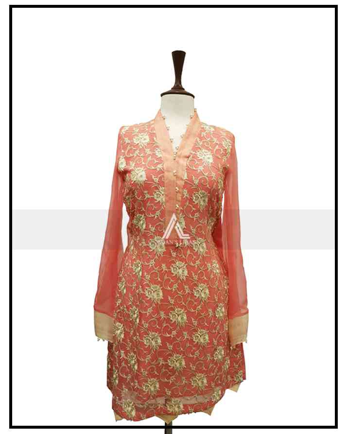 CORAL EMBROIDERED CHIFFON - STITCHED SHIRT